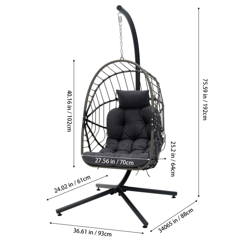 Swing Hanging Egg Chair with Cushion and Headrest, Grey+Black