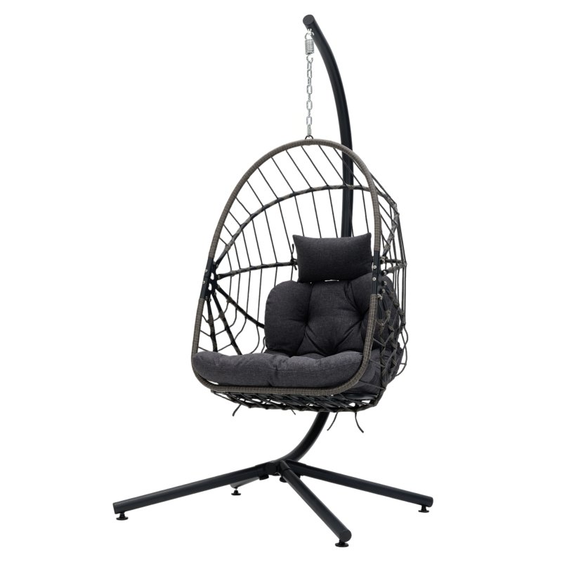 Swing Hanging Egg Chair with Cushion and Headrest, Grey+Black