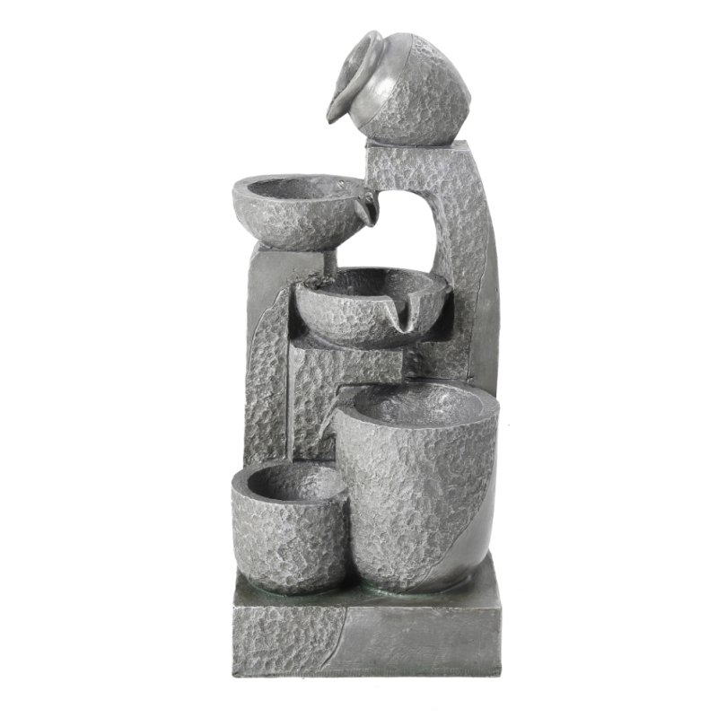 Living and Home Grey Layered Cascade Solar-powered Water Fountain for Outdoors, LED Lights, Handmade, Low-Maintenance, Resin, Water Feature