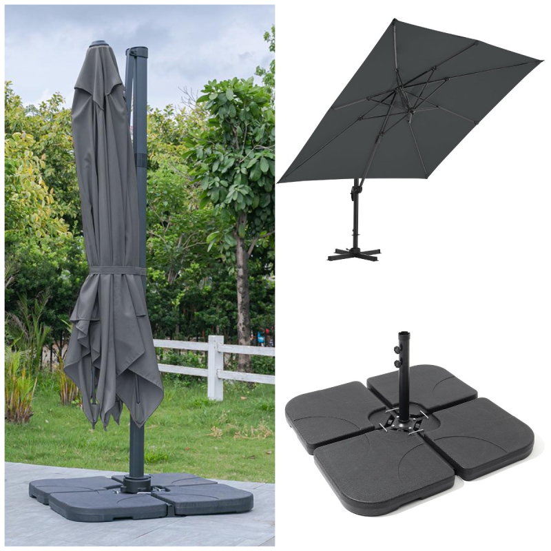 Living and Home 3M Large Square Canopy Rotating Outdoor Cantilever Parasol with Square Fillable Base (Up to 60/80kg filled with water/sand)